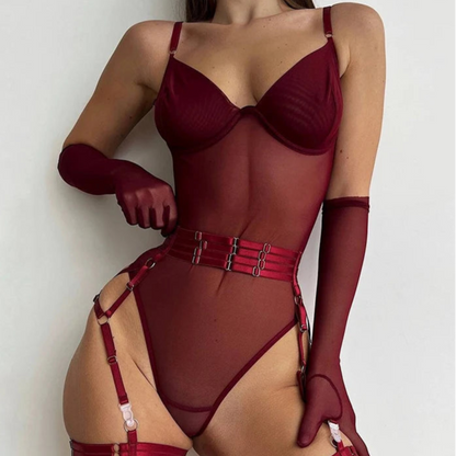 Burgundowe body z rękawiczkami