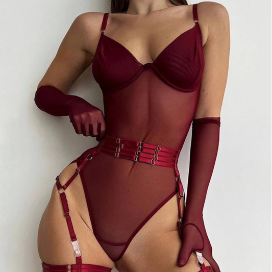 Burgundowe body z rękawiczkami